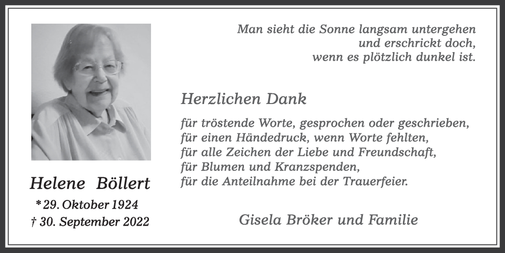  Traueranzeige für Helene Böllert vom 28.10.2022 aus  Werbepost 