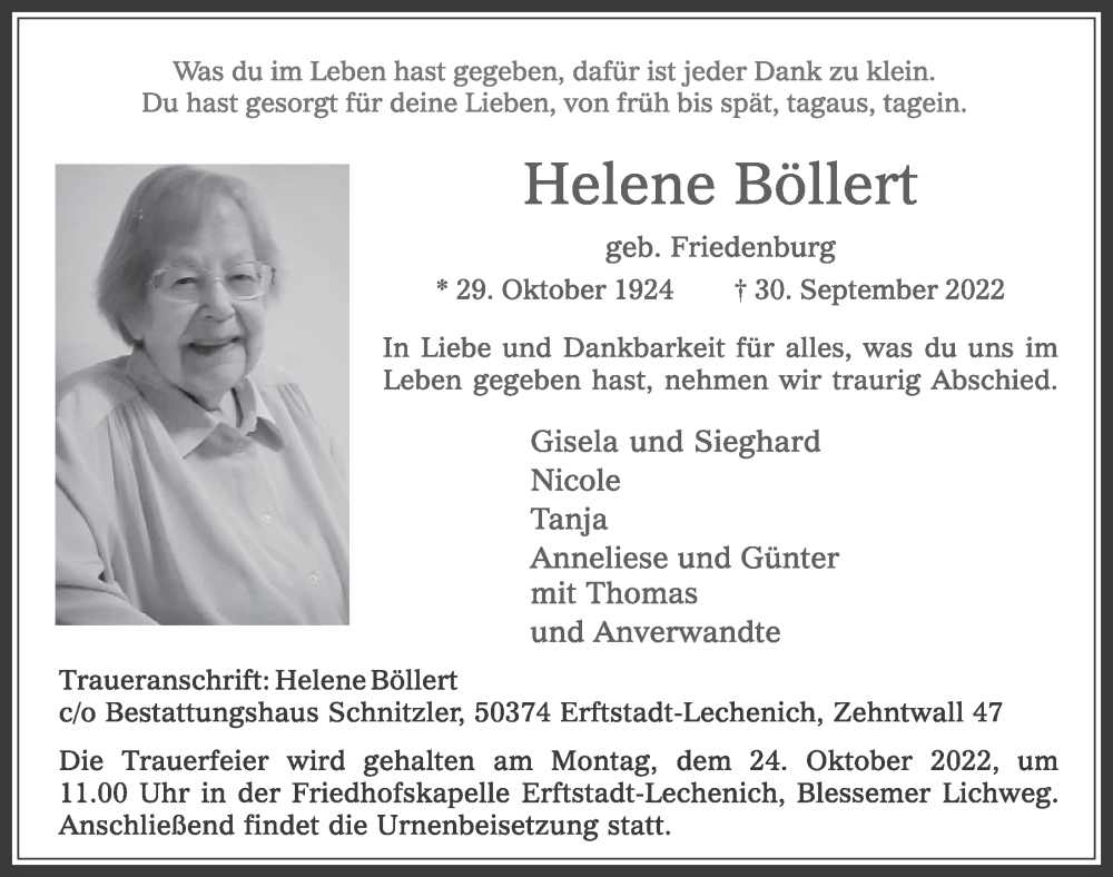  Traueranzeige für Helene Böllert vom 21.10.2022 aus  Werbepost 