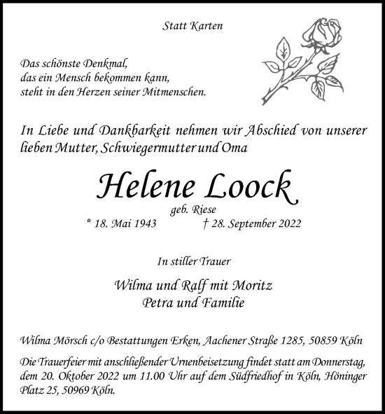 Anzeige von Helene Loock von Kölner Stadt-Anzeiger / Kölnische Rundschau / Express