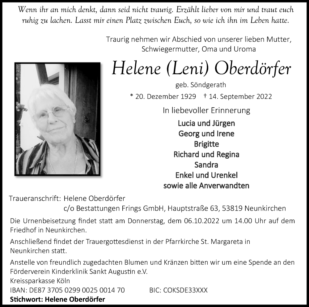  Traueranzeige für Helene  Oberdörfer vom 01.10.2022 aus Kölner Stadt-Anzeiger / Kölnische Rundschau / Express