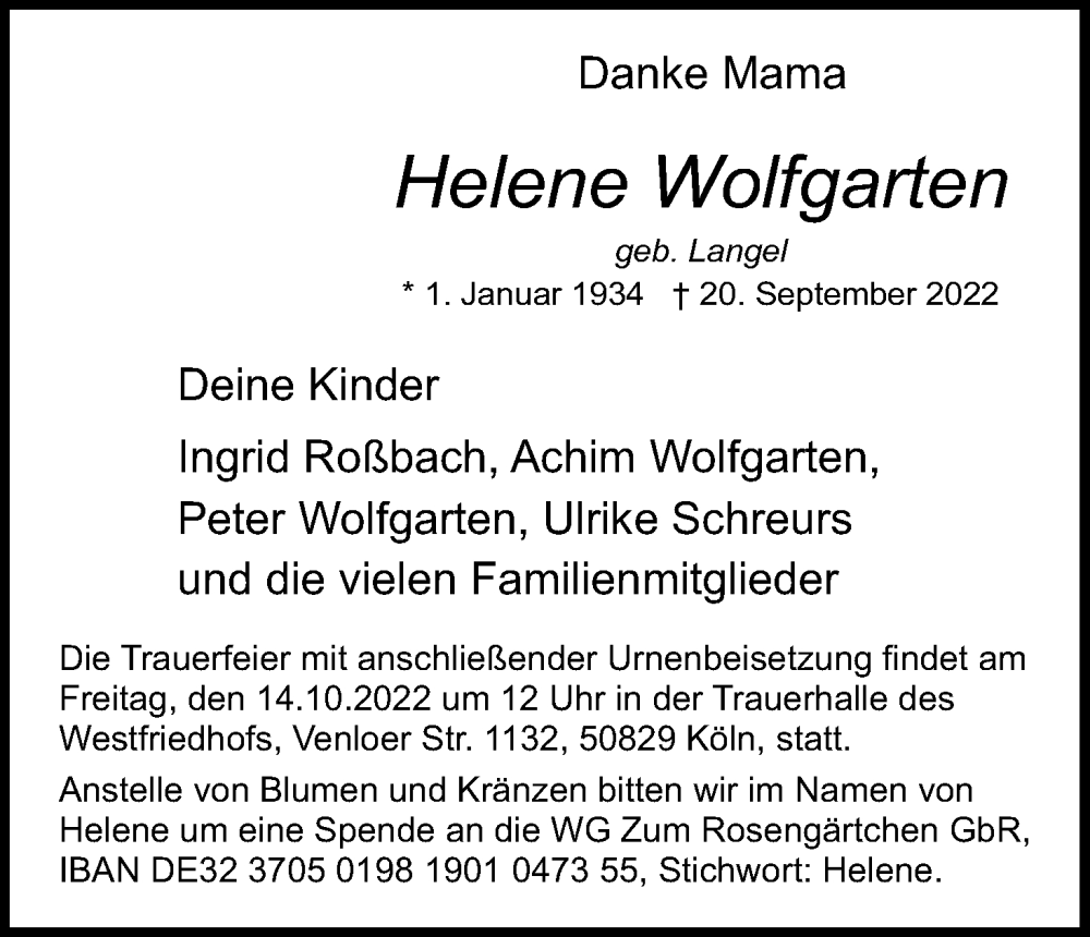  Traueranzeige für Helene Wolfgarten vom 08.10.2022 aus Kölner Stadt-Anzeiger / Kölnische Rundschau / Express