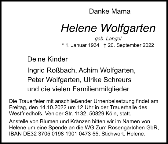 Anzeige von Helene Wolfgarten von Kölner Stadt-Anzeiger / Kölnische Rundschau / Express