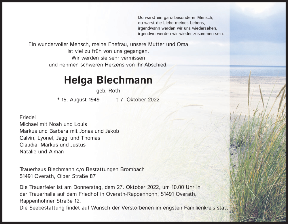  Traueranzeige für Helga Blechmann vom 15.10.2022 aus Kölner Stadt-Anzeiger / Kölnische Rundschau / Express
