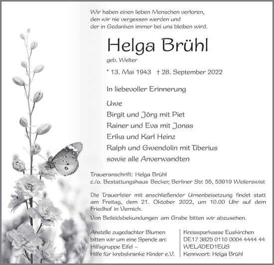 Anzeige von Helga Brühl von  Blickpunkt Euskirchen 