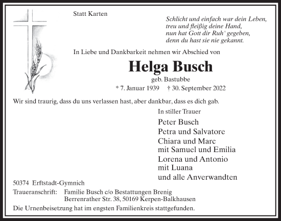 Anzeige von Helga Busch von  Werbepost 