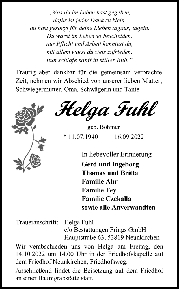  Traueranzeige für Helga Fuhl vom 01.10.2022 aus Kölner Stadt-Anzeiger / Kölnische Rundschau / Express