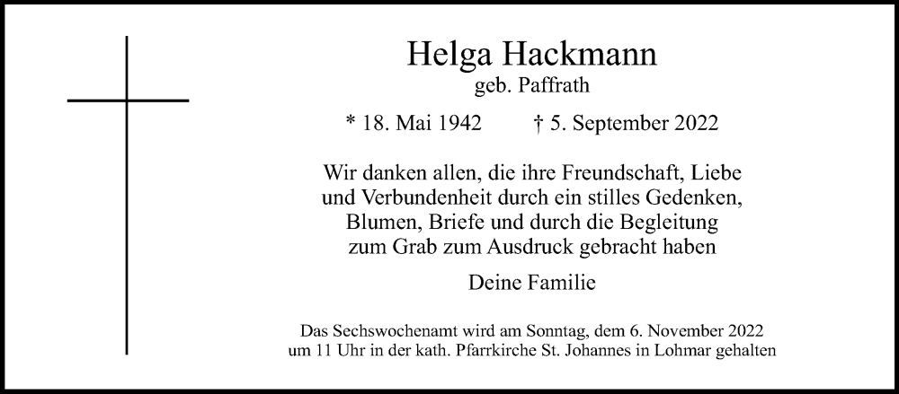  Traueranzeige für Helga Hackmann vom 29.10.2022 aus Kölner Stadt-Anzeiger / Kölnische Rundschau / Express