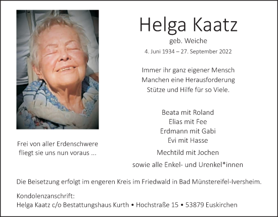 Anzeige von Helga Kaatz von Kölner Stadt-Anzeiger / Kölnische Rundschau / Express