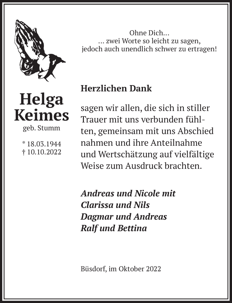  Traueranzeige für Helga Keimes vom 28.10.2022 aus  Werbepost 