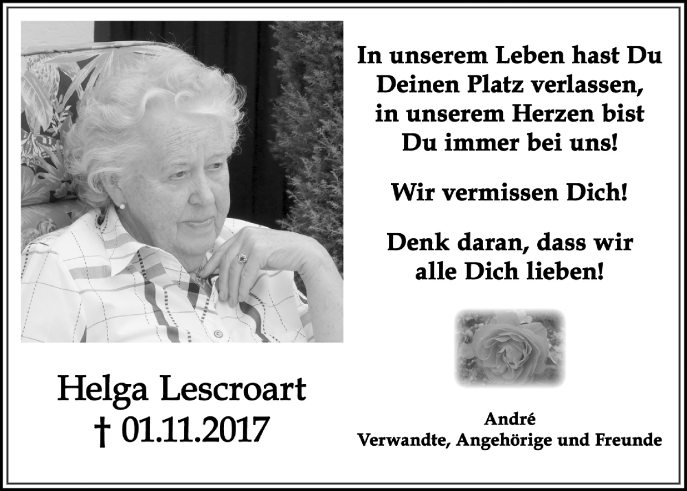 Traueranzeige für Helga Lescroart vom 29.10.2022 aus  Blickpunkt Euskirchen 