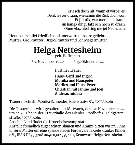 Anzeige von Helga Nettesheim von Kölner Stadt-Anzeiger / Kölnische Rundschau / Express