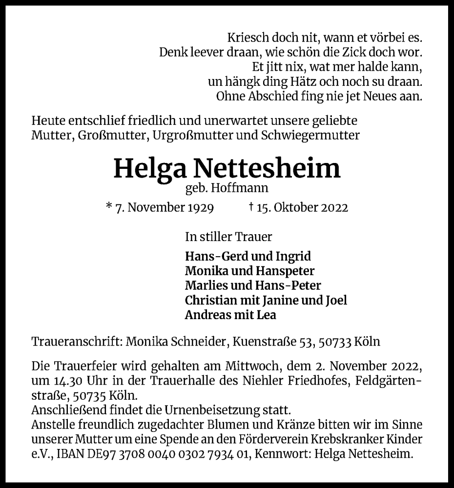  Traueranzeige für Helga Nettesheim vom 22.10.2022 aus Kölner Stadt-Anzeiger / Kölnische Rundschau / Express