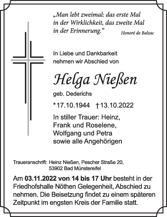 Anzeige von Helga Nießen von  Blickpunkt Euskirchen 