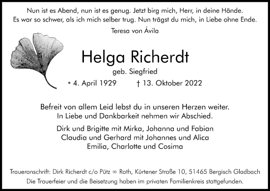 Anzeige von Helga Richerdt von Kölner Stadt-Anzeiger / Kölnische Rundschau / Express