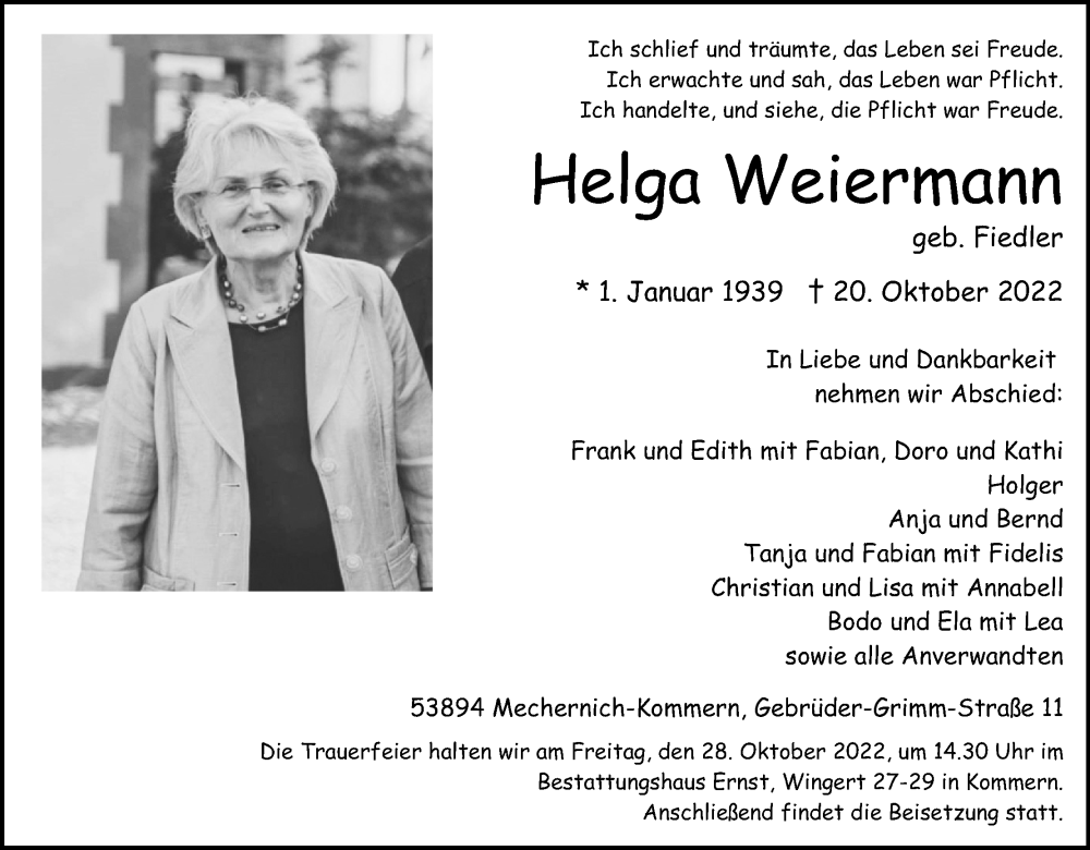  Traueranzeige für Helga Weiermann vom 24.10.2022 aus Kölner Stadt-Anzeiger / Kölnische Rundschau / Express