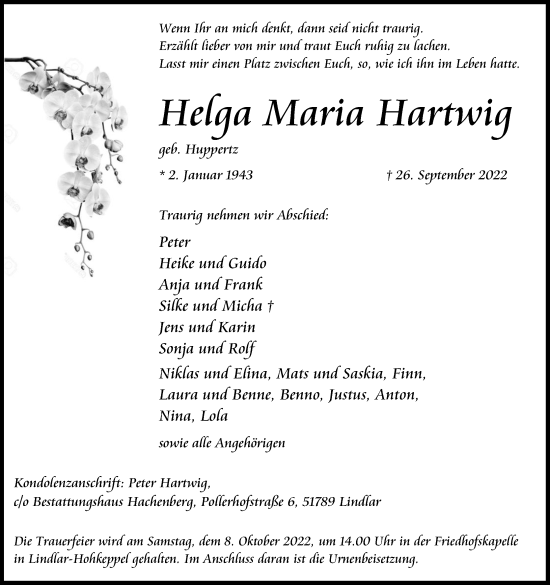 Anzeige von Helga Maria Hartwig von Kölner Stadt-Anzeiger / Kölnische Rundschau / Express