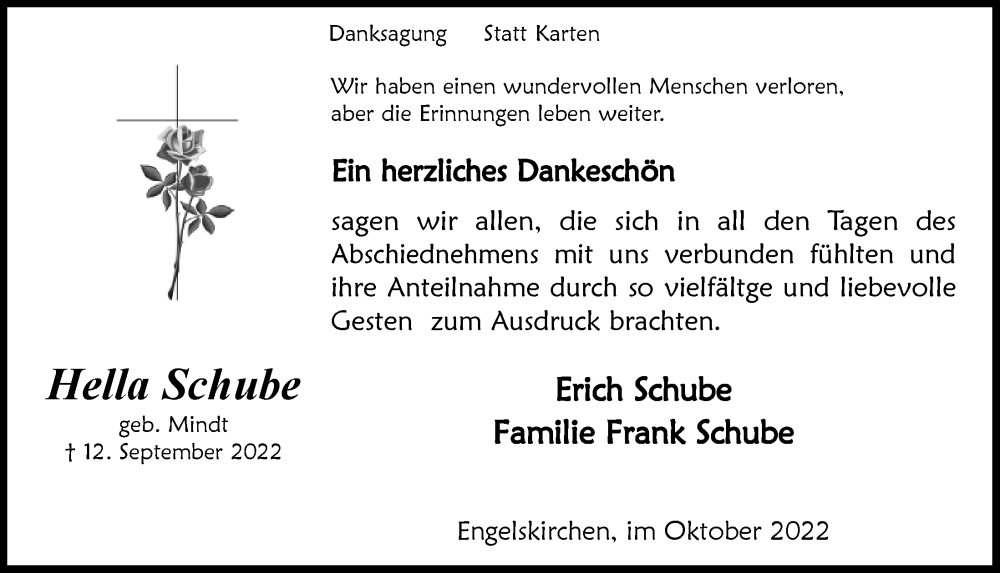  Traueranzeige für Hella Schube vom 14.10.2022 aus  Anzeigen Echo 