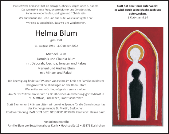 Anzeige von Helma Blum von Kölner Stadt-Anzeiger / Kölnische Rundschau / Express