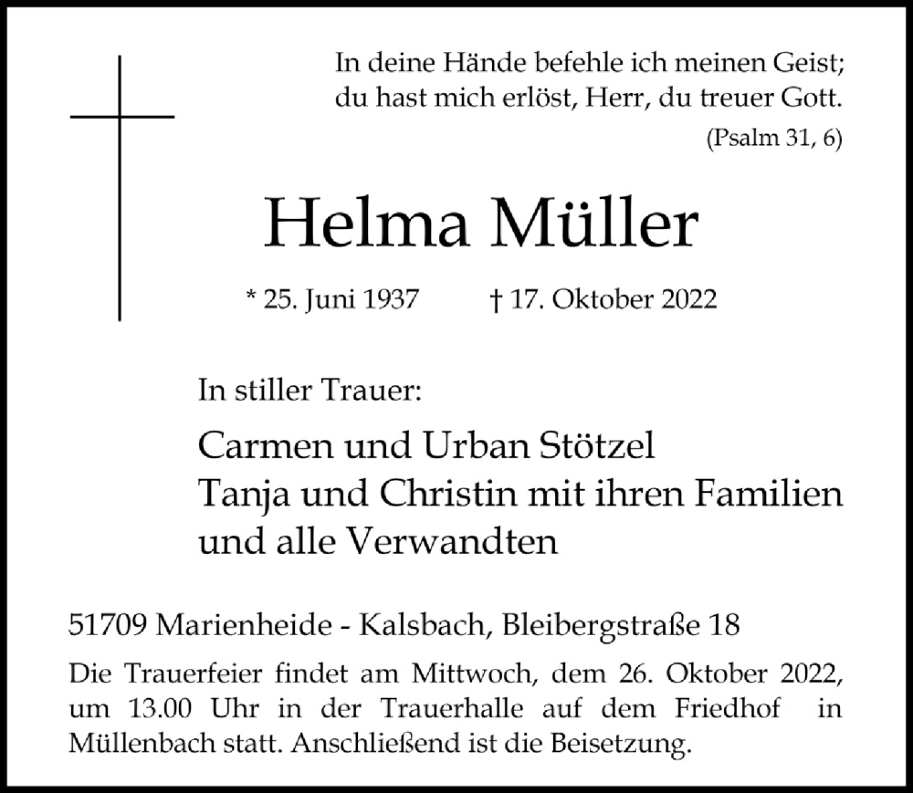  Traueranzeige für Helma Müller vom 21.10.2022 aus  Anzeigen Echo 