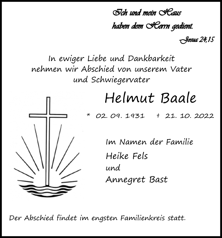  Traueranzeige für Helmut Baale vom 29.10.2022 aus Kölner Stadt-Anzeiger / Kölnische Rundschau / Express