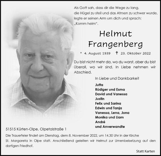 Anzeige von Helmut Frangenberg von  Bergisches Handelsblatt 