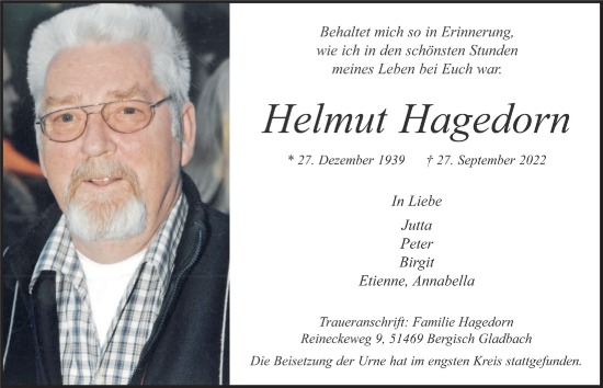 Anzeige von Helmut Hagedorn von  Bergisches Handelsblatt 