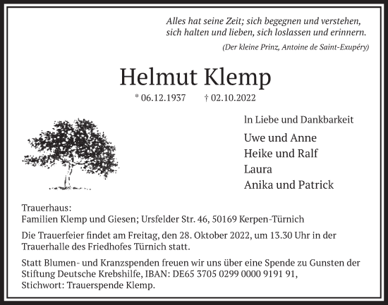 Anzeige von Helmut Klemp von  Werbepost 