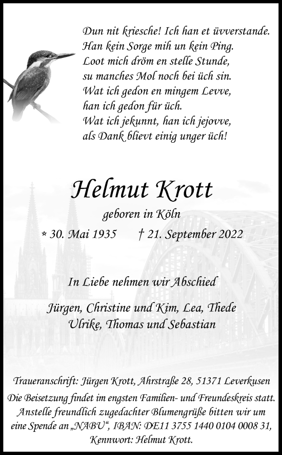 Anzeige von Helmut Krott von Kölner Stadt-Anzeiger / Kölnische Rundschau / Express