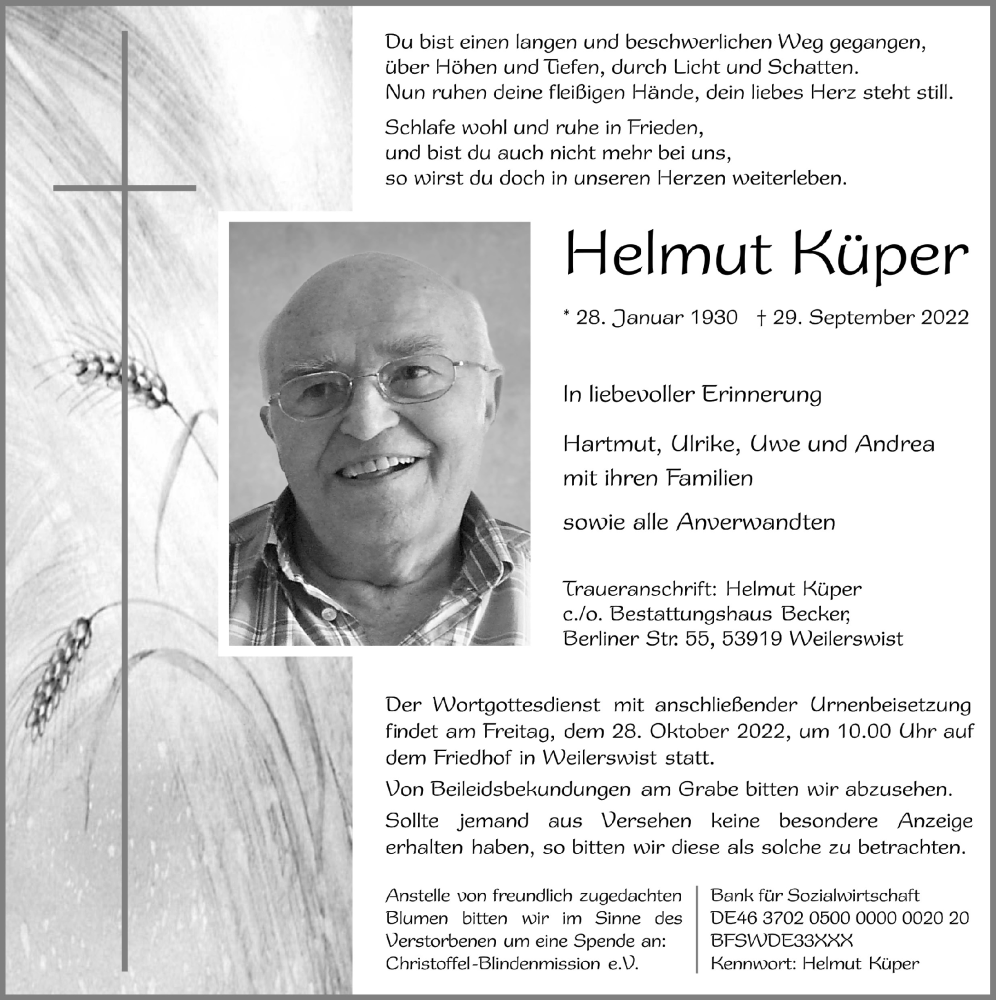  Traueranzeige für Helmut Küper vom 15.10.2022 aus  Blickpunkt Euskirchen 