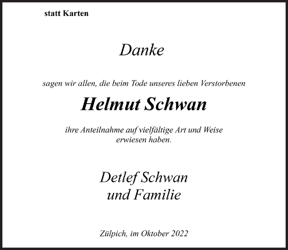  Traueranzeige für Helmut Schwan vom 15.10.2022 aus  Blickpunkt Euskirchen 