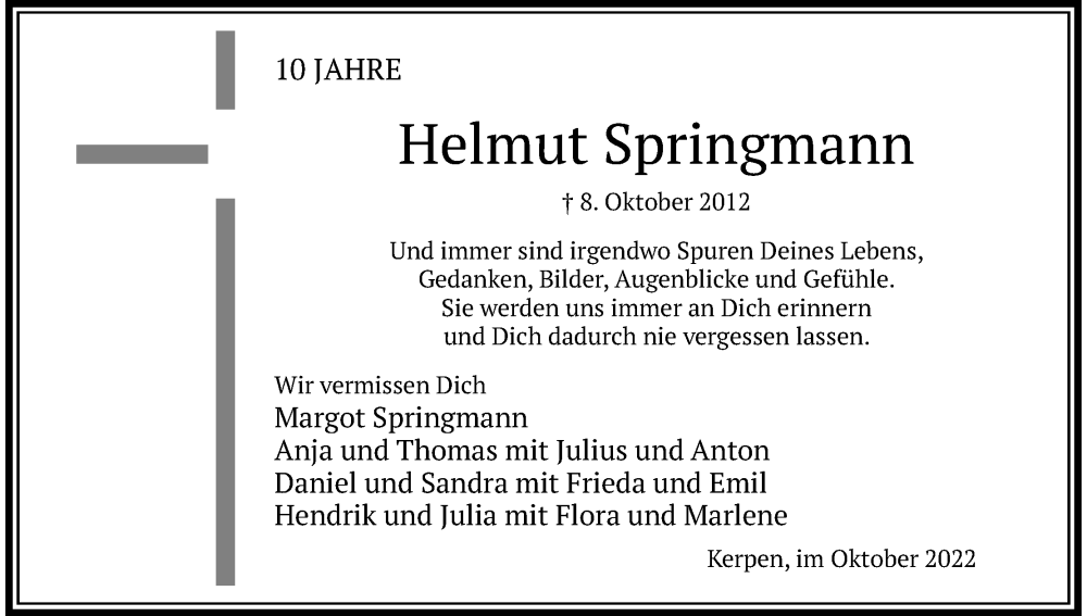  Traueranzeige für Helmut Springmann vom 08.10.2022 aus Kölner Stadt-Anzeiger / Kölnische Rundschau / Express