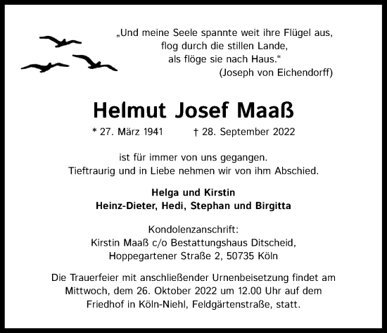 Anzeige von Helmut Josef Maaß von Kölner Stadt-Anzeiger / Kölnische Rundschau / Express