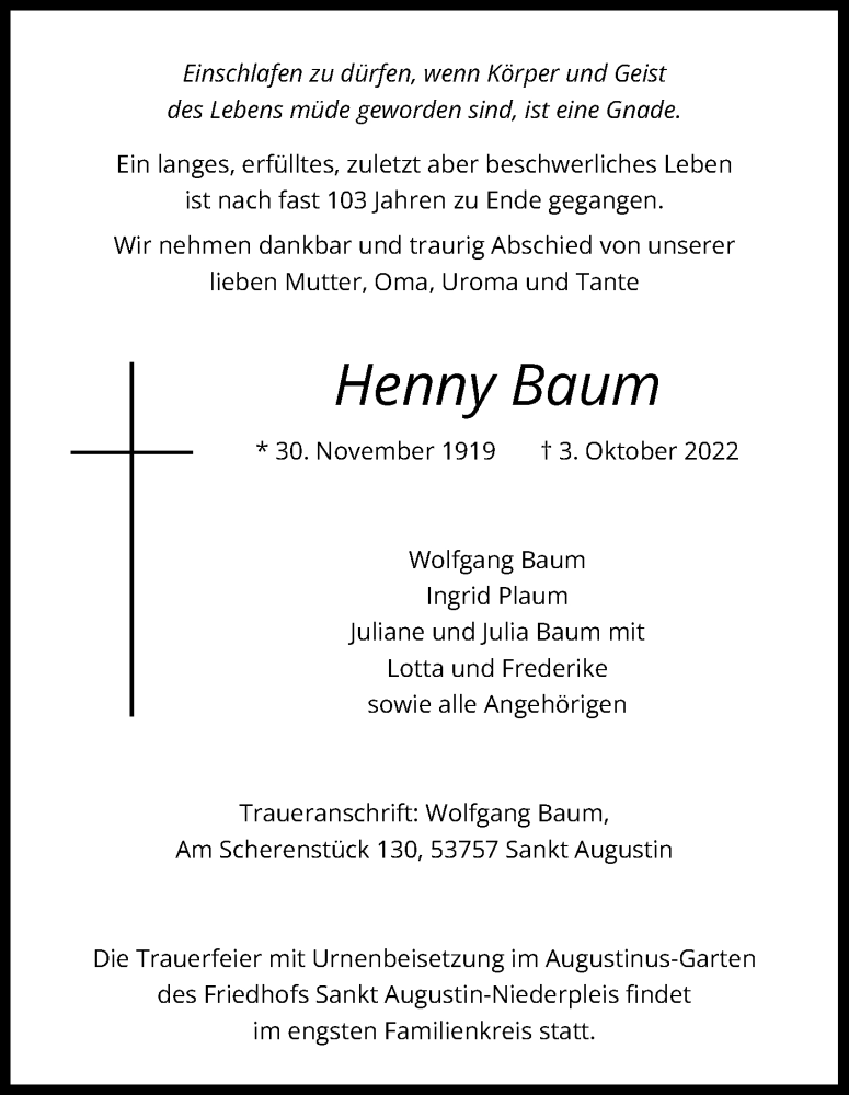  Traueranzeige für Henny Baum vom 15.10.2022 aus Kölner Stadt-Anzeiger / Kölnische Rundschau / Express