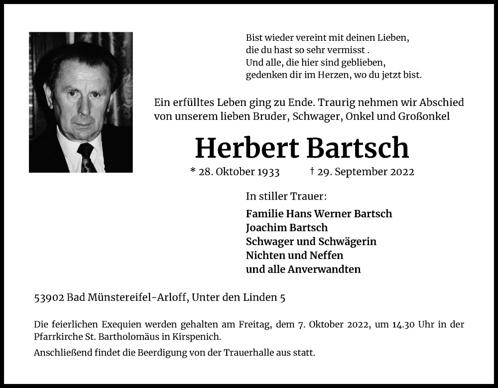  Traueranzeige für Herbert Bartsch vom 05.10.2022 aus Kölner Stadt-Anzeiger / Kölnische Rundschau / Express