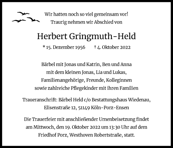 Anzeige von Herbert Gringmuth-Held von Kölner Stadt-Anzeiger / Kölnische Rundschau / Express