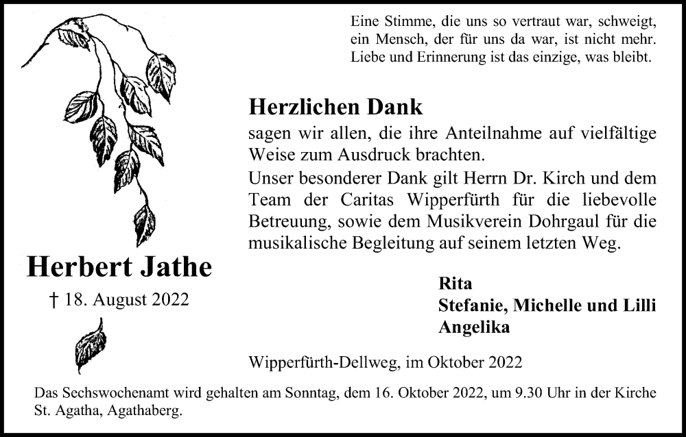  Traueranzeige für Herbert Jathe vom 08.10.2022 aus Kölner Stadt-Anzeiger / Kölnische Rundschau / Express