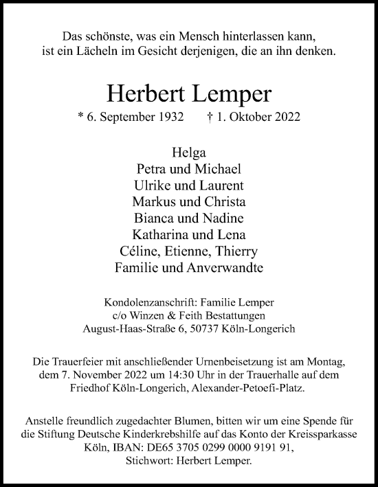 Anzeige von Herbert Lemper von Kölner Stadt-Anzeiger / Kölnische Rundschau / Express