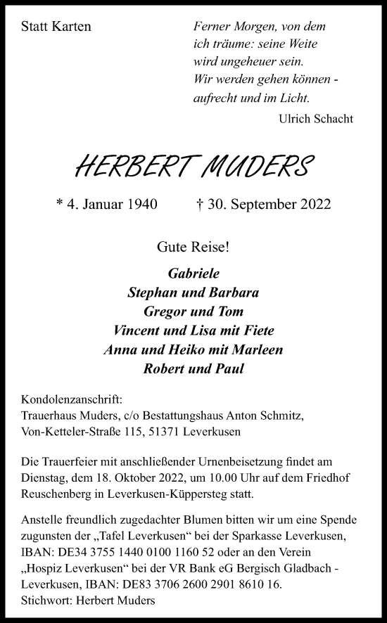 Anzeige von Herbert Muders von Kölner Stadt-Anzeiger / Kölnische Rundschau / Express