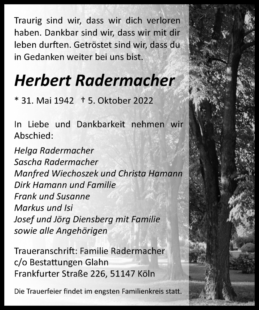  Traueranzeige für Herbert Radermacher vom 14.10.2022 aus  EXPRESS - Die Woche 