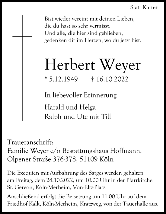 Anzeige von Herbert Weyer von Kölner Stadt-Anzeiger / Kölnische Rundschau / Express