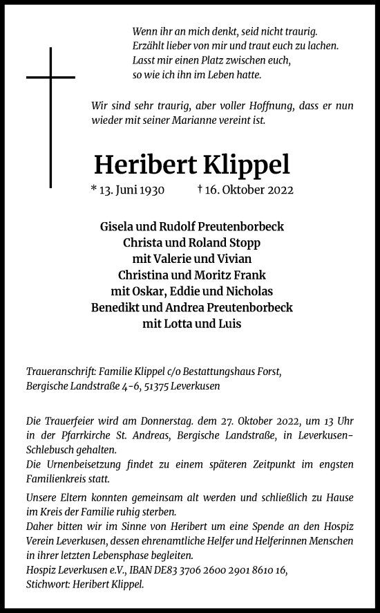 Anzeige von Heribert Klippel von Kölner Stadt-Anzeiger / Kölnische Rundschau / Express