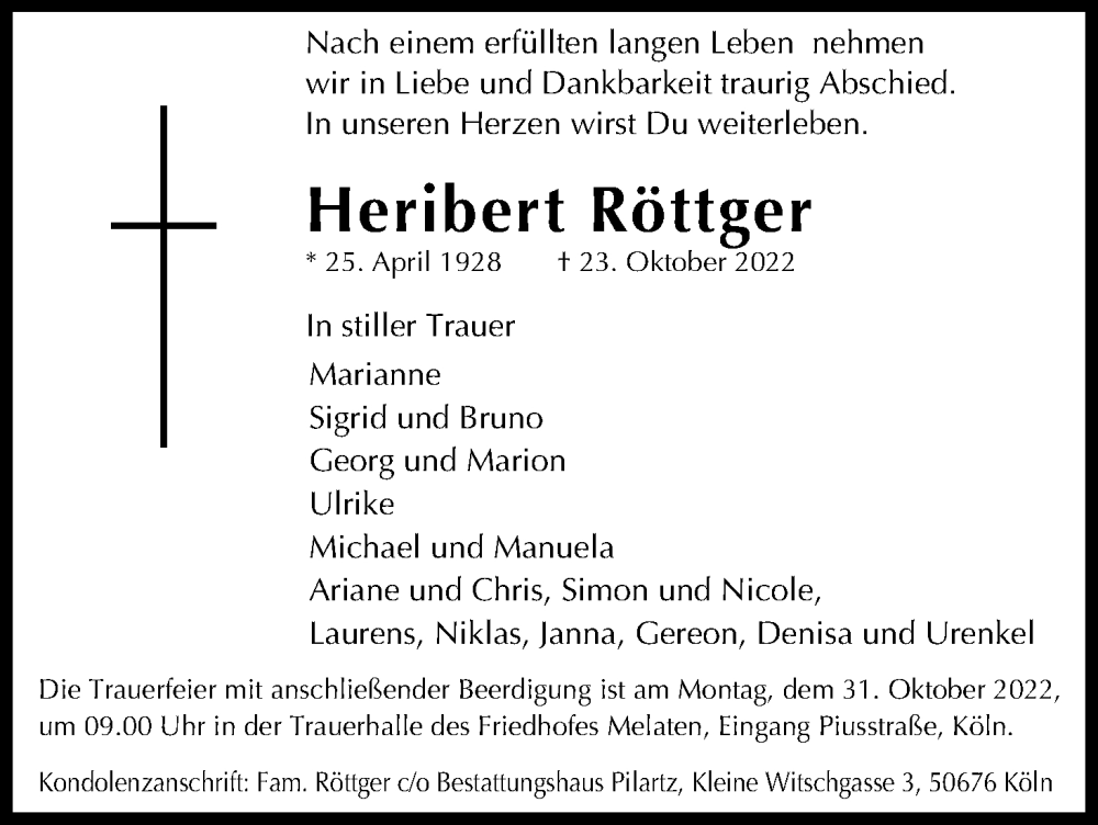  Traueranzeige für Heribert Röttger vom 29.10.2022 aus Kölner Stadt-Anzeiger / Kölnische Rundschau / Express