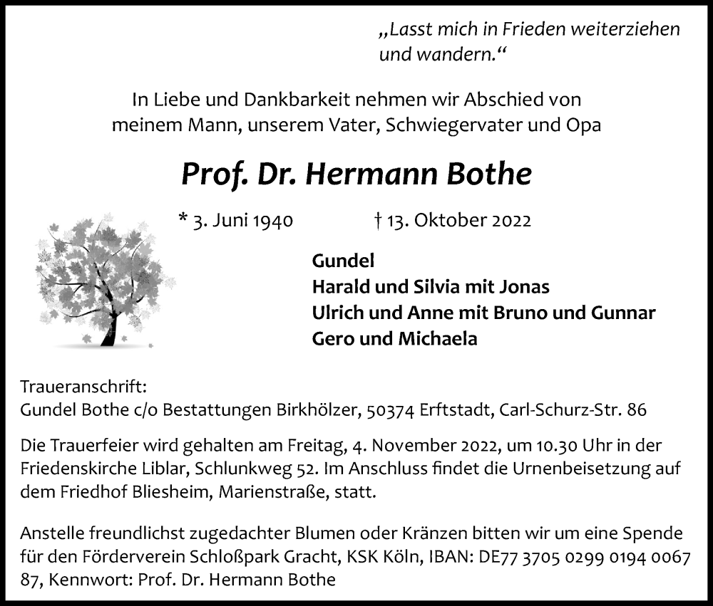  Traueranzeige für Hermann Bothe vom 22.10.2022 aus Kölner Stadt-Anzeiger / Kölnische Rundschau / Express