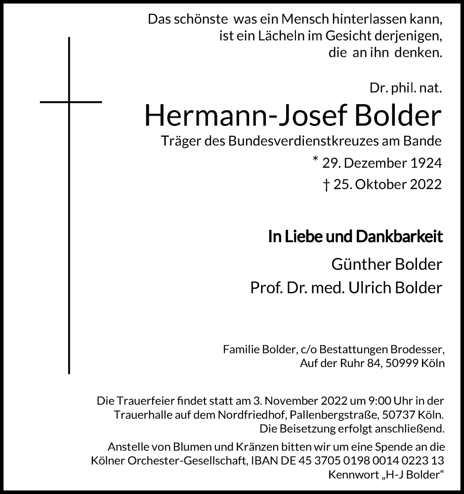  Traueranzeige für Hermann-Josef Bolder vom 29.10.2022 aus Kölner Stadt-Anzeiger / Kölnische Rundschau / Express