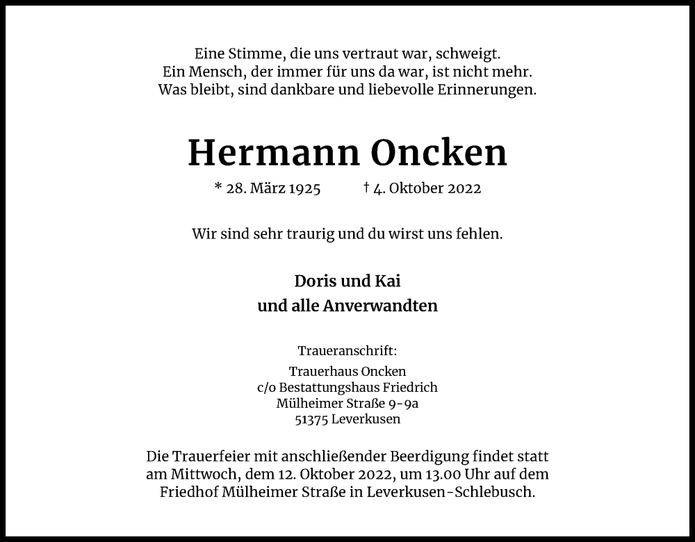  Traueranzeige für Hermann Oncken vom 08.10.2022 aus Kölner Stadt-Anzeiger / Kölnische Rundschau / Express