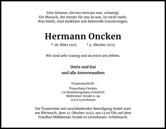 Anzeige von Hermann Oncken von Kölner Stadt-Anzeiger / Kölnische Rundschau / Express