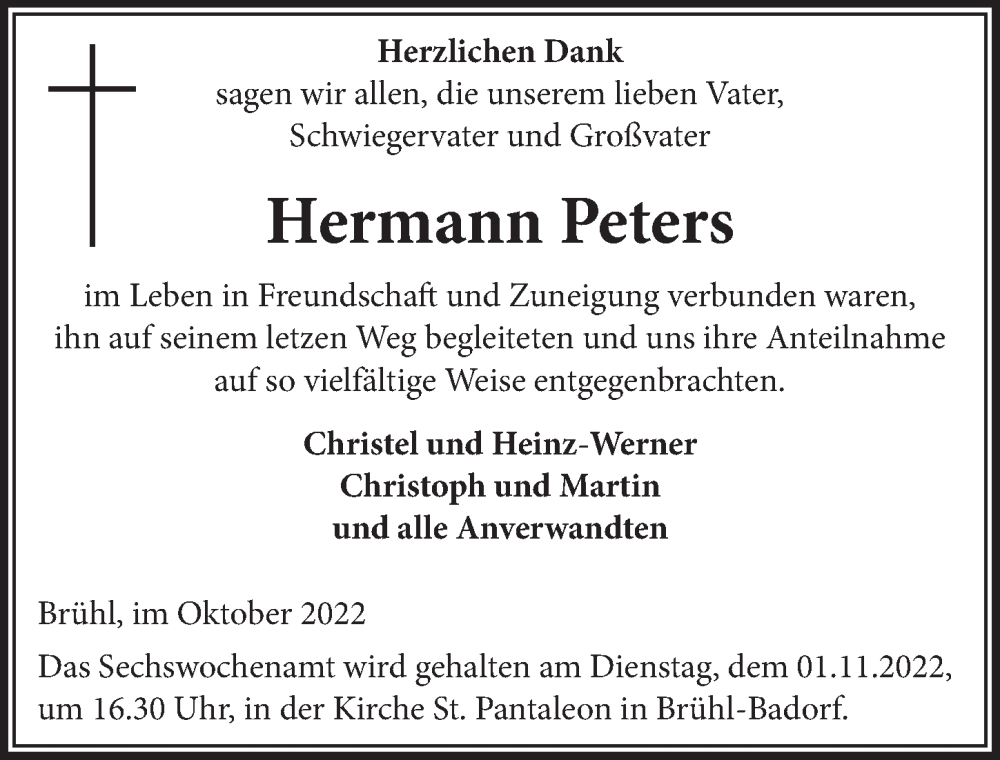  Traueranzeige für Hermann Peters vom 28.10.2022 aus  Schlossbote/Werbekurier 