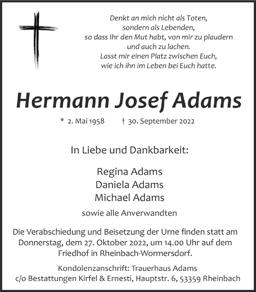  Traueranzeige für Hermann Josef Adams vom 21.10.2022 aus  Schaufenster/Blickpunkt 