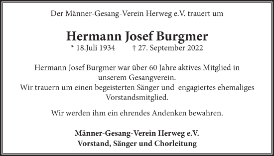 Anzeige von Hermann Josef Burgmer von  Bergisches Handelsblatt 
