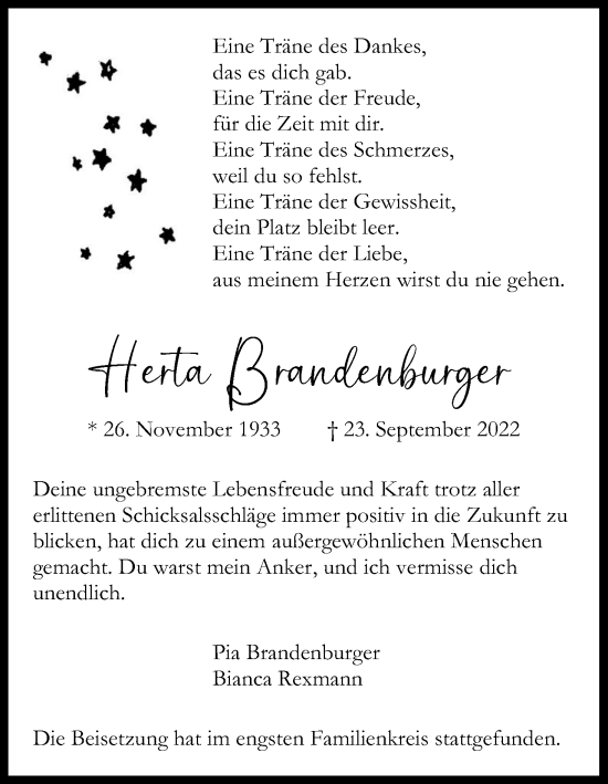 Anzeige von Herta Brandenburger von Kölner Stadt-Anzeiger / Kölnische Rundschau / Express